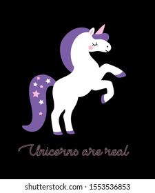 Beautiful white unicorn standing on black background.  