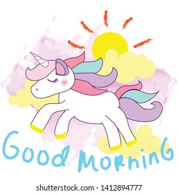 Beautiful White Unicorn vector illustration for children design. Rainbow hair. Isolated. Cute fantasy animal