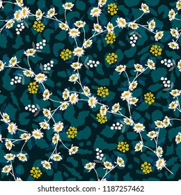 Beautiful white and yellow flower on animal skin leopard prints seamless pattern vector,design for fashion,fabric,wallpaper and all prints on monotone green background color