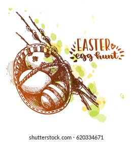 Beautiful wicker basket with Easter eggs. Hand drawn sketch. With a gradient from brown to yellow. Against a background of green and yellow splashes.