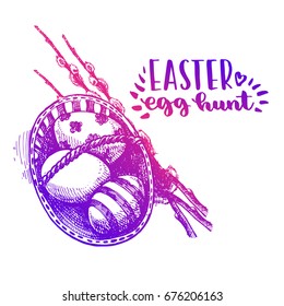Beautiful wicker basket with Easter eggs. Hand-drawn sketch. Ink sketch. Spring easter illustration. With a gradient from violet to pink