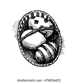 Beautiful wicker basket with Easter eggs. Hand drawn sketch. Ink sketch for greeting card. 