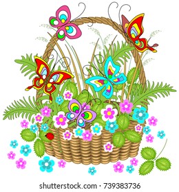 Beautiful wicker basket full of forest plants. Delicate flowers, charming butterflies flutter over them. Vector illustration.