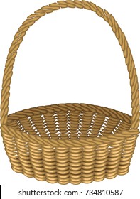 Beautiful wicker basket. Handmade. For shopping, transportation of products for a picnic. Convenient to collect mushrooms, berries. Vector illustration.