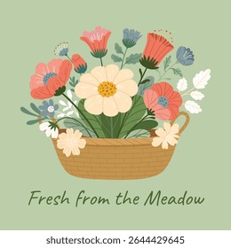 A beautiful wicker basket overflowing with a vibrant assortment of wildflowers in warm coral, soft cream, and muted blue tones, The elegant text "Fresh from the Meadow" enhances the natural, rustic 