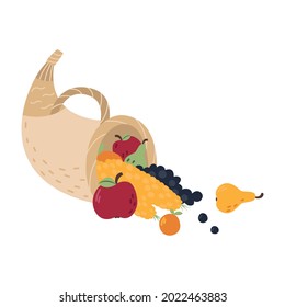 Beautiful wicker horn of plenty with ripe autumn fruits and vegetables. Cornucopia. Traditional home decor for Thanksgiving dinner. Bright flat illustration for design of poster, card, banner. Harvest