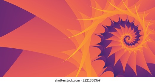 Hermoso fondo ancho o papel pintado o banner web en forma de ilustración de un patrón espiral con esquinas nítidas en colores degradados naranja y amarillo. 