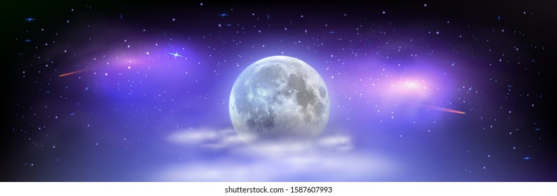 Beautiful wide picture of space with full moon hidden behind the clouds. Mystical night sky with stars comets and milky way. Vector illustration. 