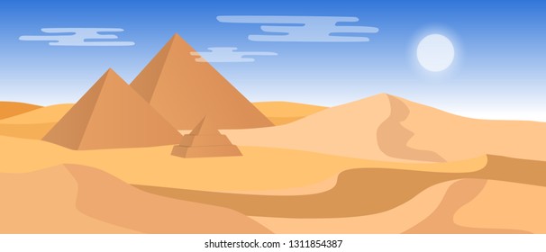 Beautiful widescreen desert landscape with yellow sand dunes and pyramids. 