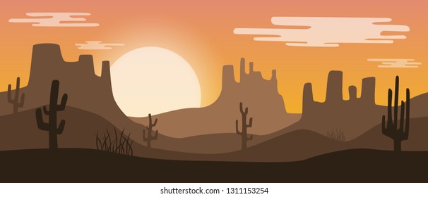 Beautiful widescreen orange sunset desert landscape with sandstone mountains and cactus plants. 