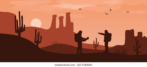 Beautiful widescreen red sunset desert landscape with hikers, sandstone mountains and cactus plants. 