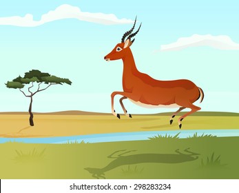 Beautiful wild african animal illustration. Antelope impala jumping on the grass with african savannah and tree on background. Vector Illustration. 