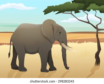 Beautiful wild african animal illustration. Big Elephant standing on the grass with african savannah and tree on background. Vector Illustration. 