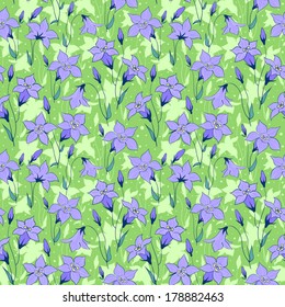 Beautiful wild bluebell flowers seamless pattern. Vector cartoon background.