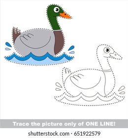 Beautiful Wild Duck to be traced only of one line, the tracing educational game to preschool kids with easy game level, the colorful and colorless version.