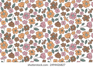 Beautiful wild floral vector pattern. Cute colorful flowers white background. Seamless liberty yellow , brown and pink colors pattern 