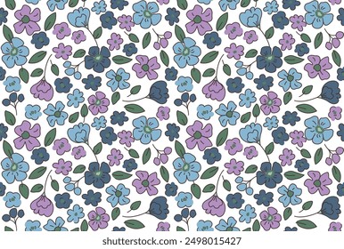 Beautiful wild floral vector pattern. Cute colorful flowers white background. Seamless liberty blue , green and lilac colors pattern 