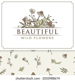 hermosa etiqueta del logotipo de flor silvestre y patrón