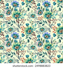 Beautiful wild flowers, blue, pink, hand drawn, seamless, on a light  background. Designed for fabric, fashion, textiles, wallpaper, gift wrap.