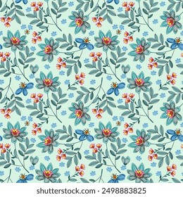 Beautiful wild flowers, blue, pink, hand drawn, seamless, on a light blue background. Designed for fabric, fashion, textiles, wallpaper, gift wrap.