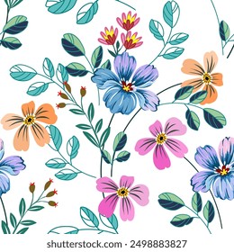 Beautiful wild flowers, blue, pink, orange, hand drawn, seamless, on a light background. Designed for fabric, fashion, textiles, wallpaper, gift wrap.