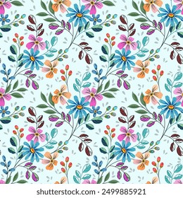 Beautiful wild flowers, blue, pink, orange, hand drawn, seamless, on a light background. Designed for fabric, fashion, textiles, wallpaper, gift wrap.