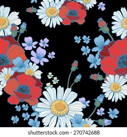 Beautiful wild flowers poppies pattern- vector