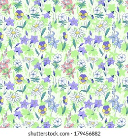 Beautiful wild flowers seamless pattern. Vector cartoon background.