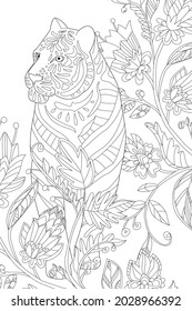 beautiful wild tiger standing and looking away in fancy flowering forest. totem animal for your coloring book