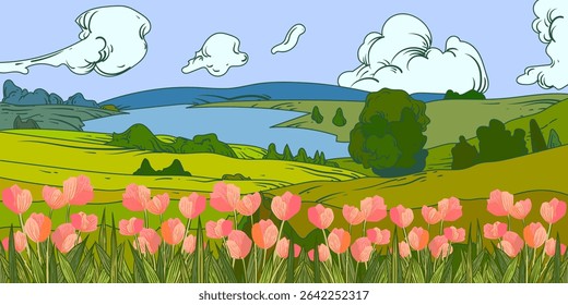 Beautiful wildflowers blooming on the field landscape vector illustration background.
