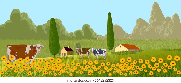 Beautiful wildflowers blooming on the field landscape vector illustration background.