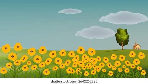 Beautiful wildflowers blooming on the field landscape vector illustration background.