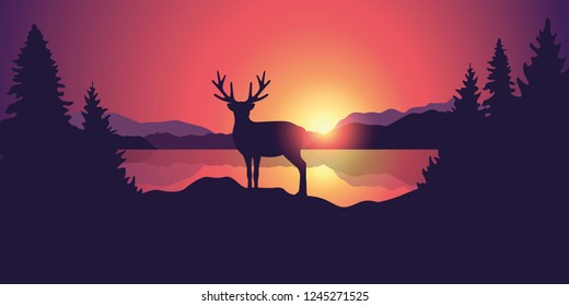 beautiful wildlife landscape with reindeer lake mountains and forest at sunset vector illustration EPS10