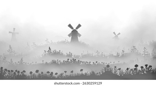 Beautiful windmills inside the fog with summer landscape background. Vector silhouette illustration. Early hazy morning.
