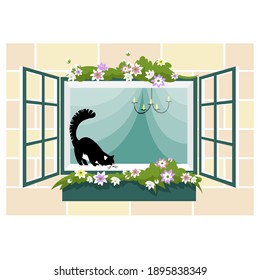 beautiful window. cat on the window. flower decoration