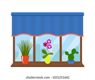 A beautiful window with a curtain. Stylized Blooming beautiful purple orchid in a pot and other flowers on a window sill. flat vector illustration isolated on white background