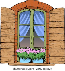 beautiful window with shutters and brick edging, decorated with potted flowers. Vector illustration beautiful wooden shutters olive frame windows. blue gabines curtains in the window. On the