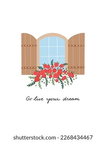 Beautiful window vector card. Open window with flowers hand drawn clipart