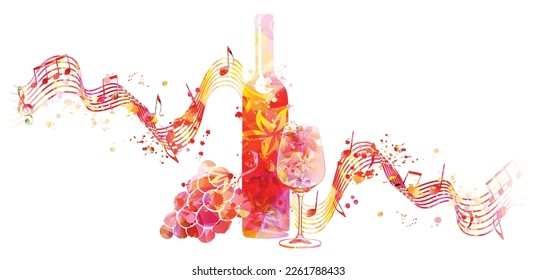 Beautiful wine glass with bottle, grapes and musical notes staff isolated. Alcoholic beverage, liquor for celebrations and special occasions. Vino fairs and degustation events. Vector illustration