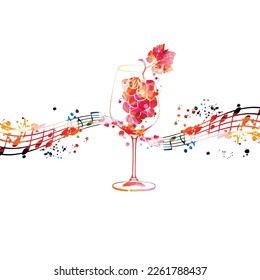 Beautiful wine glass with grapes and musical notes staff. Colorful goblet with alcoholic beverage. Glogg for celebrations and special occasions. Vino fairs and degustation events. Vector illustration