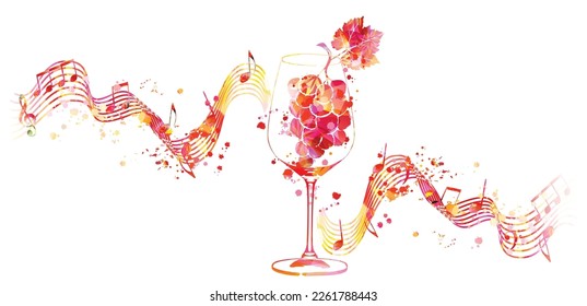 Hermosa copa de vino con uvas y personal de notas musicales. Goblet colorido para bebidas alcohólicas. Blogueo para celebraciones y ocasiones especiales. Ferias de vino y eventos de degustación. Ilustración del vector