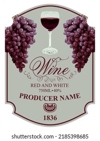 Hermosa carta de vinos con racimos de uvas maduras y un vaso lleno de vino tinto en un marco figurado. Etiqueta o etiqueta de la botella de vino con estilo retro. Calidad superior de la recogida de vinos