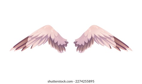 Beautiful wing concept. Colorful sticker with cute white swan, falcon or heavenly angel wings. Pair of wings with light feathers. Cartoon realistic vector illustration isolated on white background