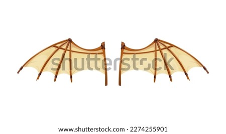Beautiful wing concept. Sticker with medieval invention of Leonardo da Vinci. Pair of wood and leather wings. First paraglider. Cartoon realistic vector illustration isolated on white background