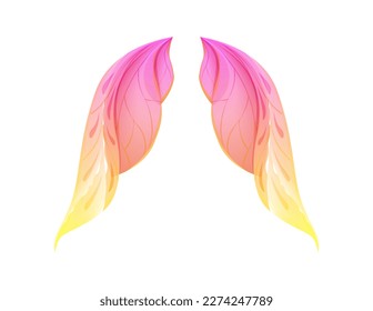 Beautiful wing concept. Sticker with pink fairy, sorceress or elf wings. Pair of wings of fantastic character from fairy tales. Cartoon realistic vector illustration isolated on white background