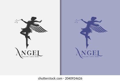 Beautiful Winged Angel who is Dancing While Swinging Her Magic Wand Logo Design Illustration.