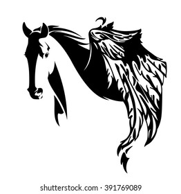 beautiful winged horse black and white vector portrait - pegasus design