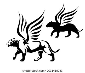 beautiful winged lioness walking forward side view portrait - black and white vector mythical animal outline and silhouette design