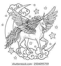 Beautiful winged unicorn on the moon among the clouds. Black and white linear drawing. Isolated on white background. For the design of coloring books for children and adults, prints, posters, postcard