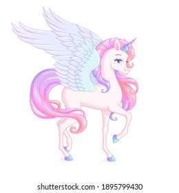 Beautiful winged unicorn with pink mane. Vector illustration isolated on white background.